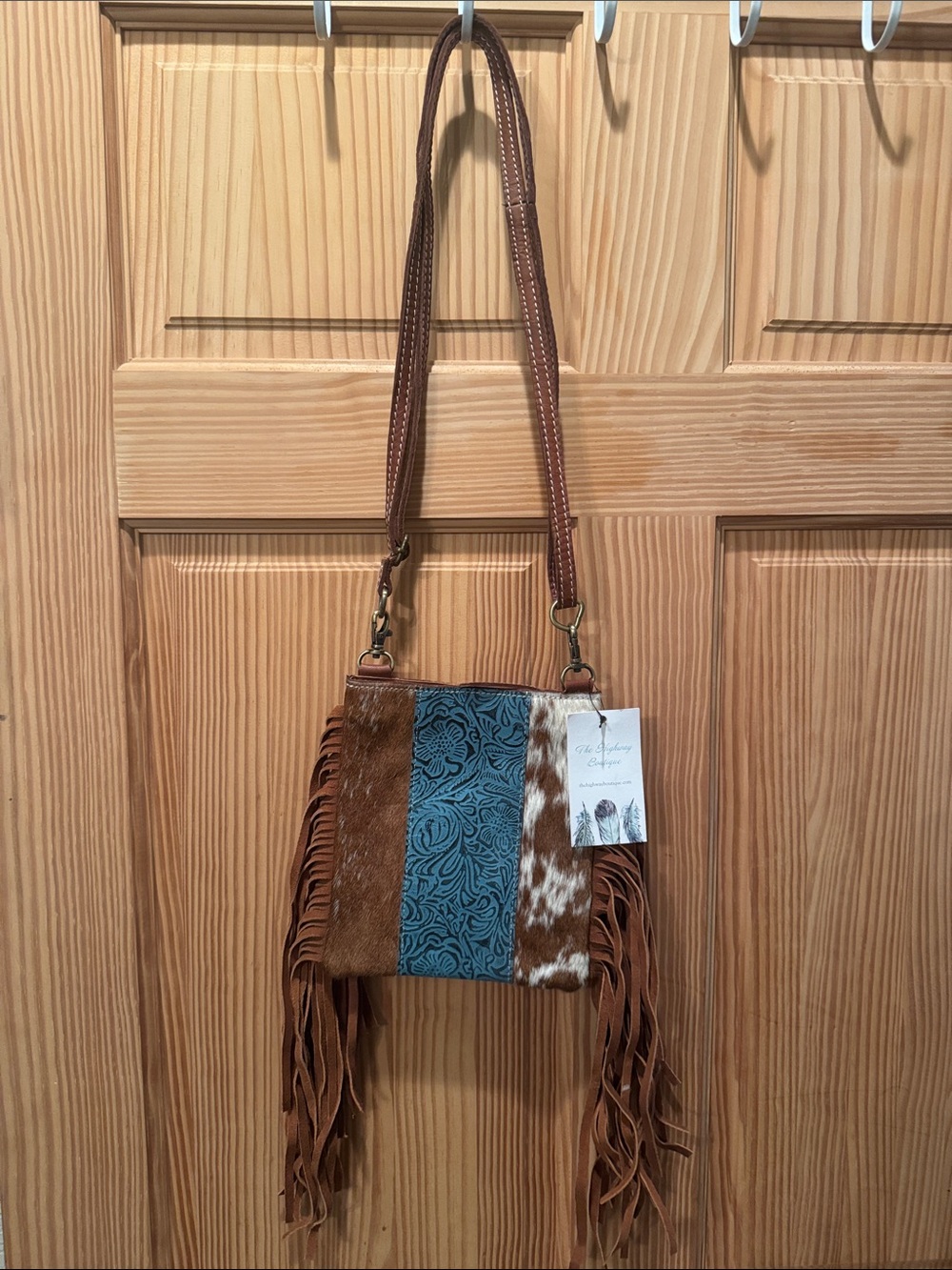 Boho Fringe Patchwork Crossbody Bag in Brown and Teal